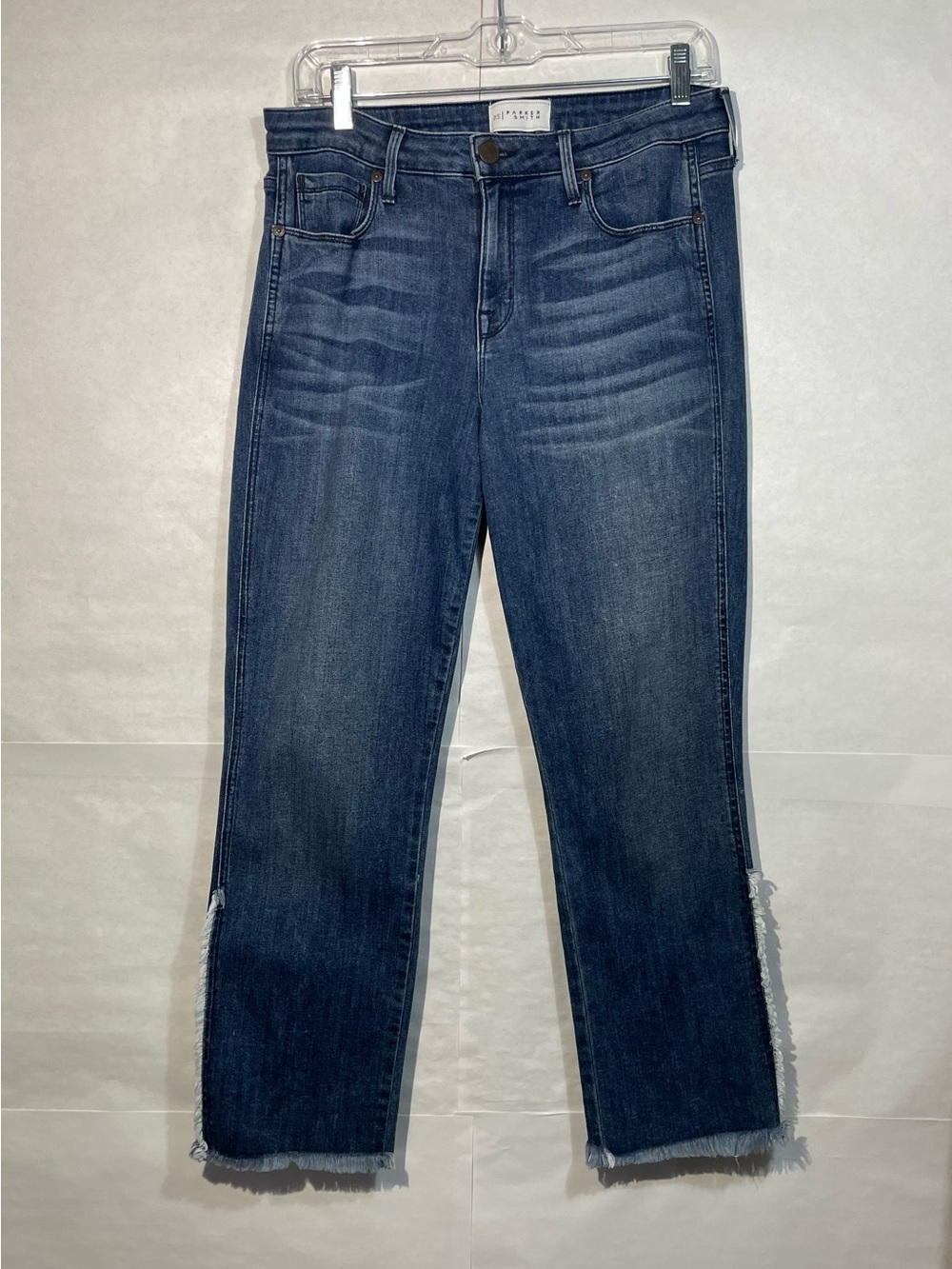 Parker Smith Cropped Straight Leg Jeans Size 29 Fringe Ankle Slit Raw Hem Blue